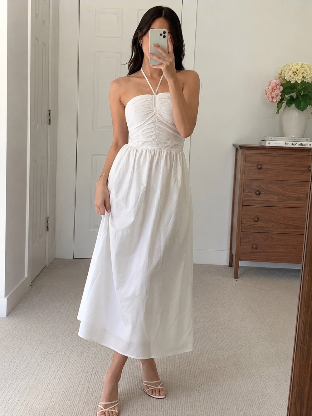 LOFT White Halter Top Ruched Midi Dress